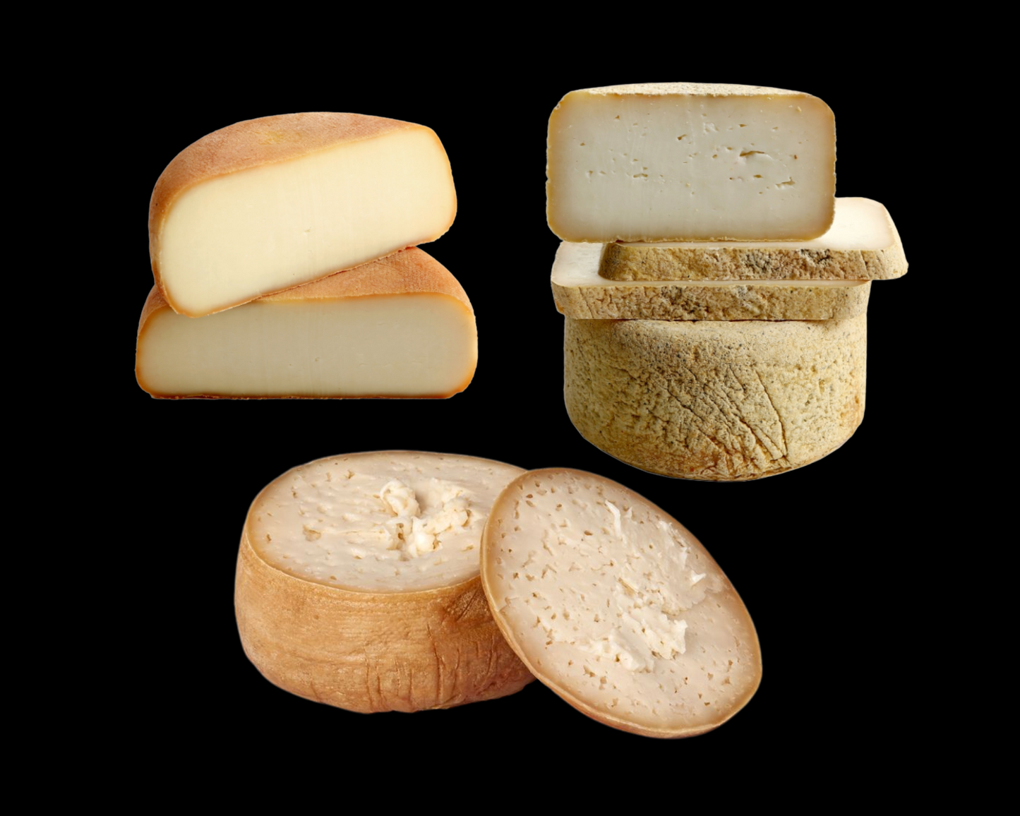 Se muestran 3 quesos diferentes: el cremoso de Extremadura, el madurado de oveja y una torta del Casar. Todos ellos partidos sobre un fondo negro.