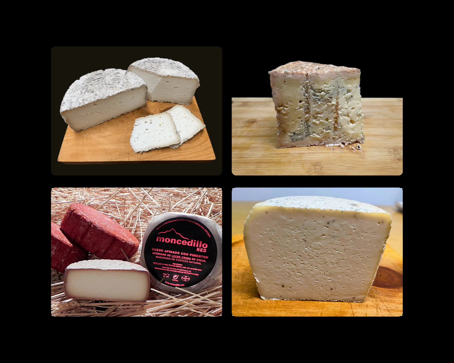 Se muestran 4 quesos con diferentes texturas y apariencias.
