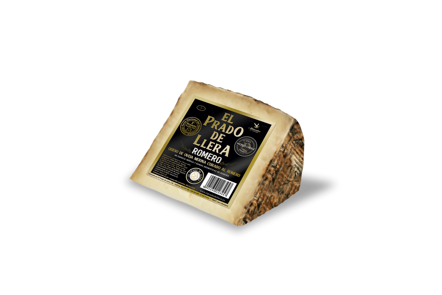 Se muestra una cuña pequeña del queso Prado de Llera al romero, con su etiqueta en el costado.
