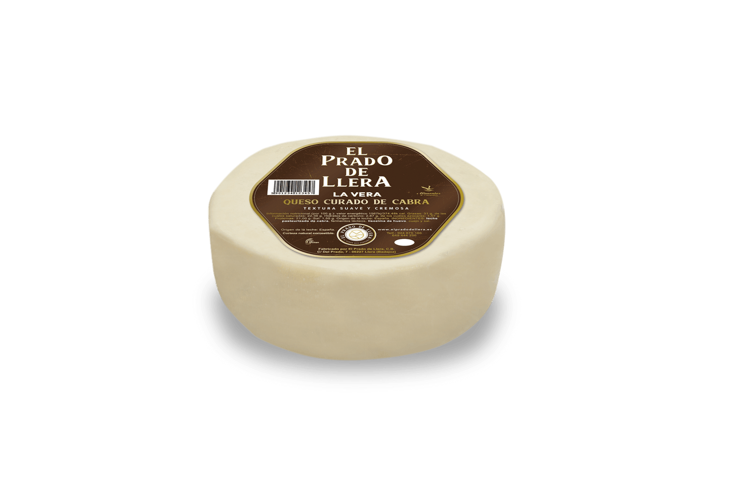 Se muestra el queso de cabra de color blanco con su etiqueta marrón en la parte superior del queso.