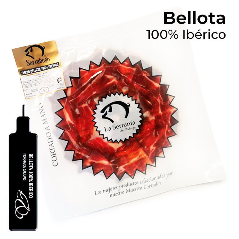 Se muestra un sobre de jamón con su etiqueta negra de 100% de bellota.
