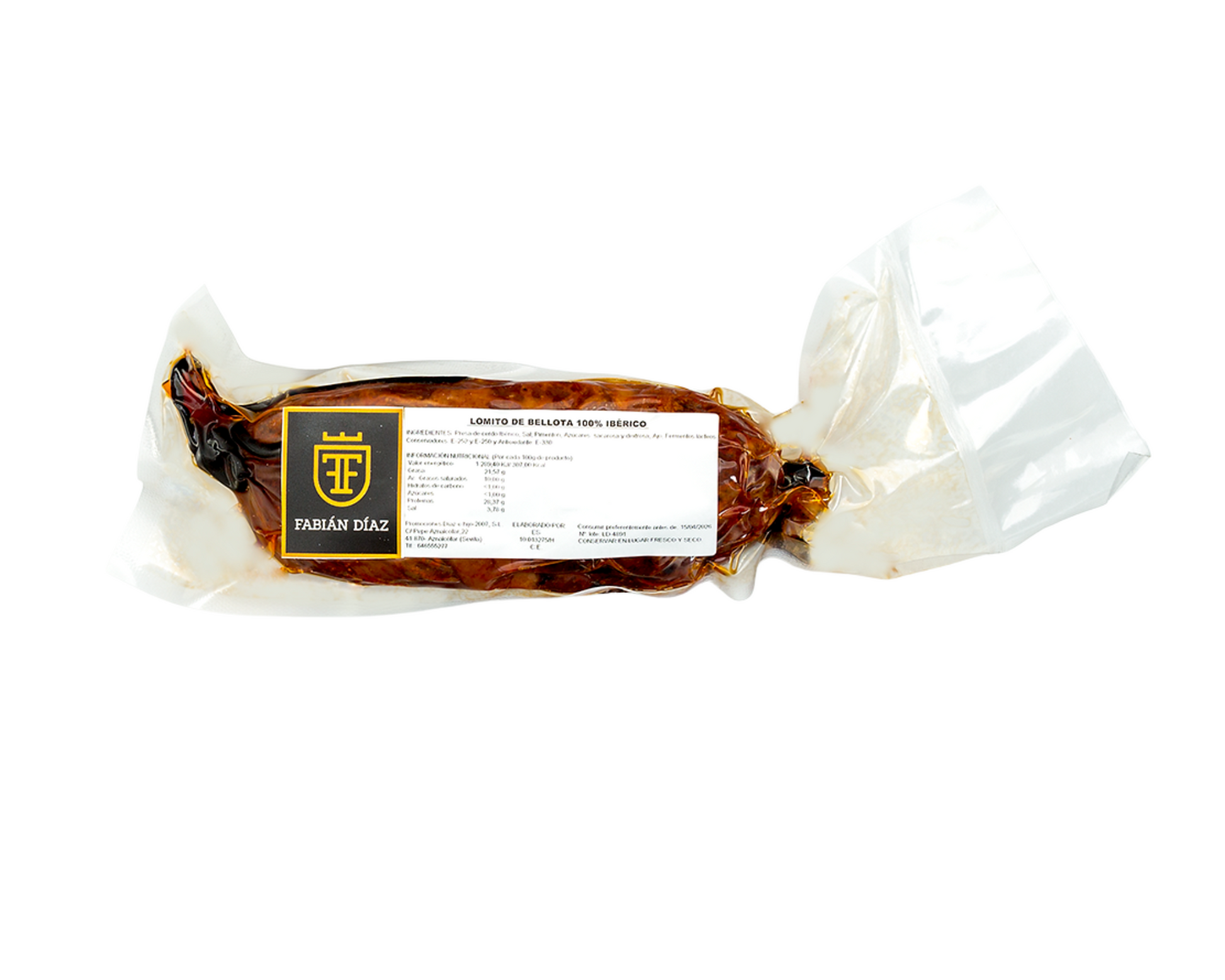 Se muestra un lomito ibérico de bellota envasado al vacío sobre un fondo blanco.