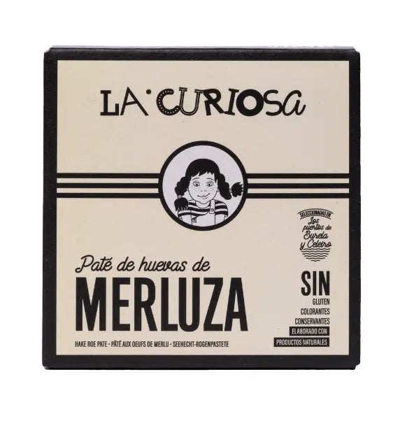 Se muestra una caja de paté de huevas de merluza de color beige.