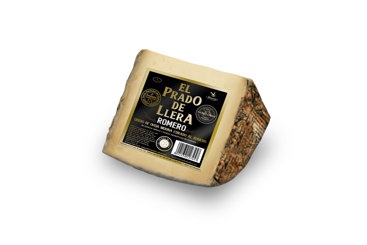 Se muestra una cuña del queso Prado de Llera al romero, con su etiqueta en el costado.