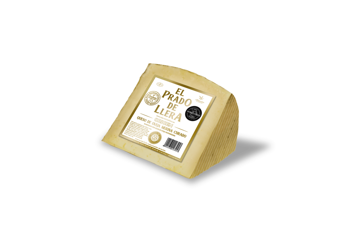 Se muestra una cuña del queso Prado de Llera Origen, con su etiqueta en el costado.