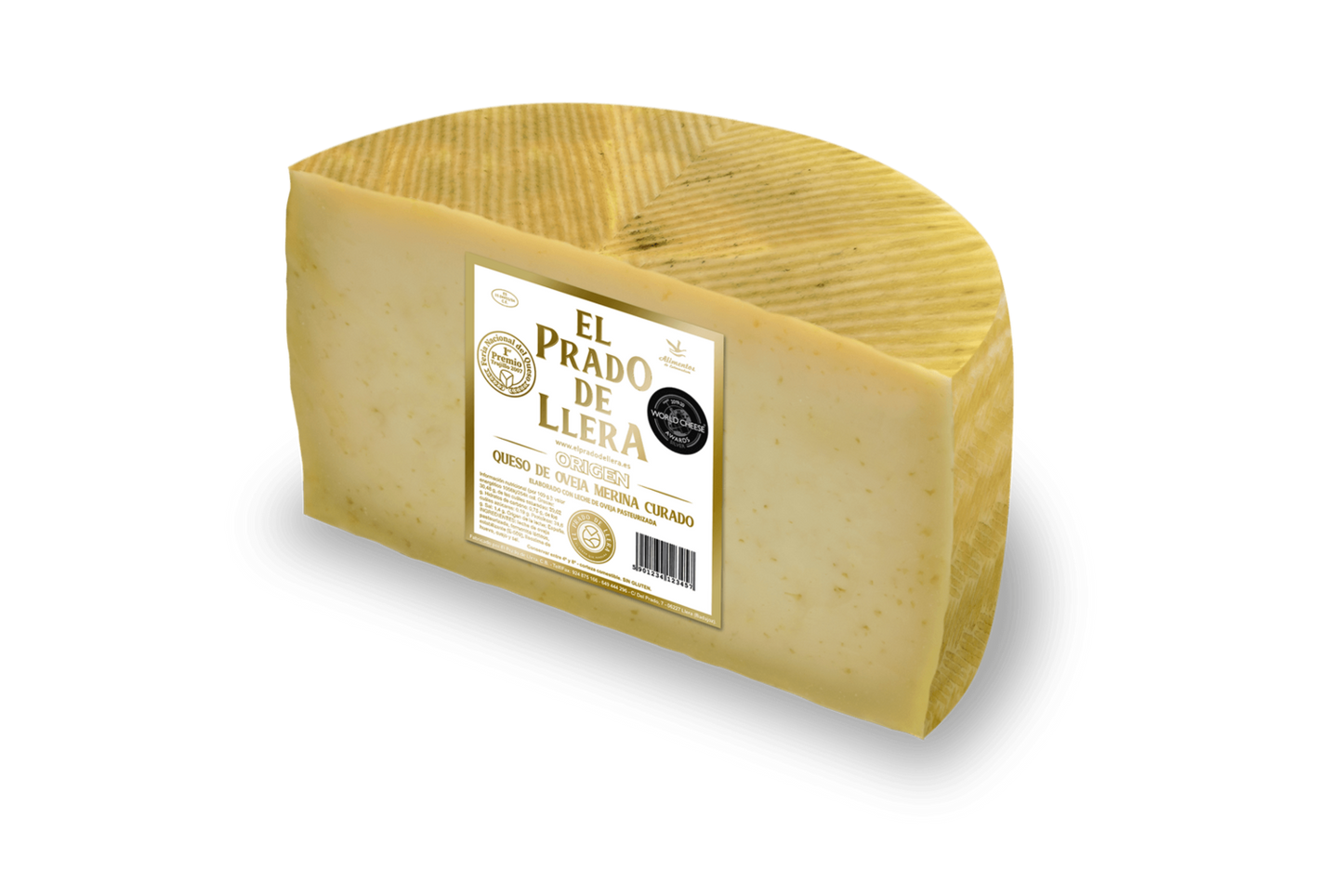 Se muestra medio queso Prado de Llera Origen partido por la mitad, con su etiqueta en el costado.