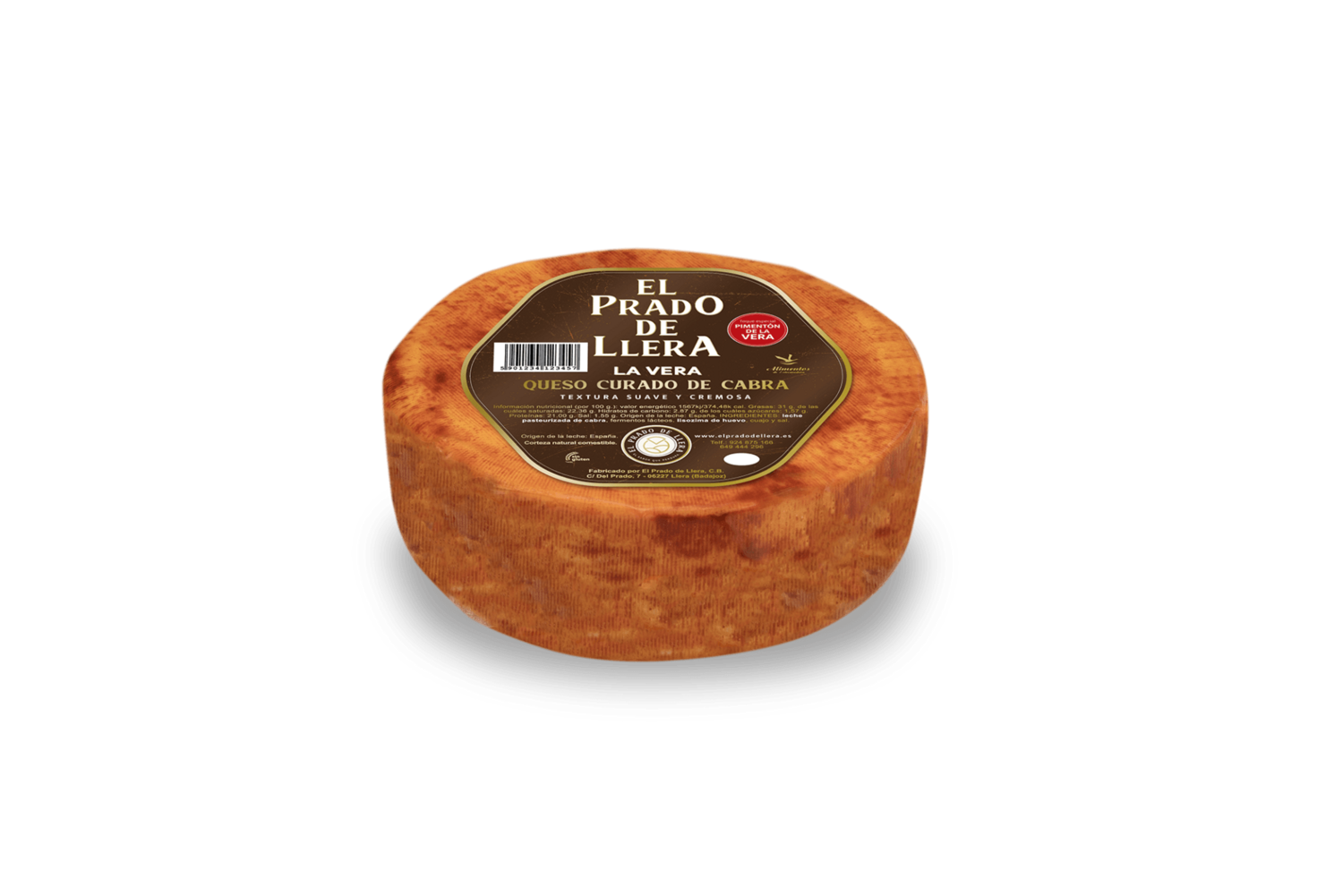 Se muestra el queso con su corteza rojiza por el pimentón con su etiqueta marrón en la parte superior del queso.