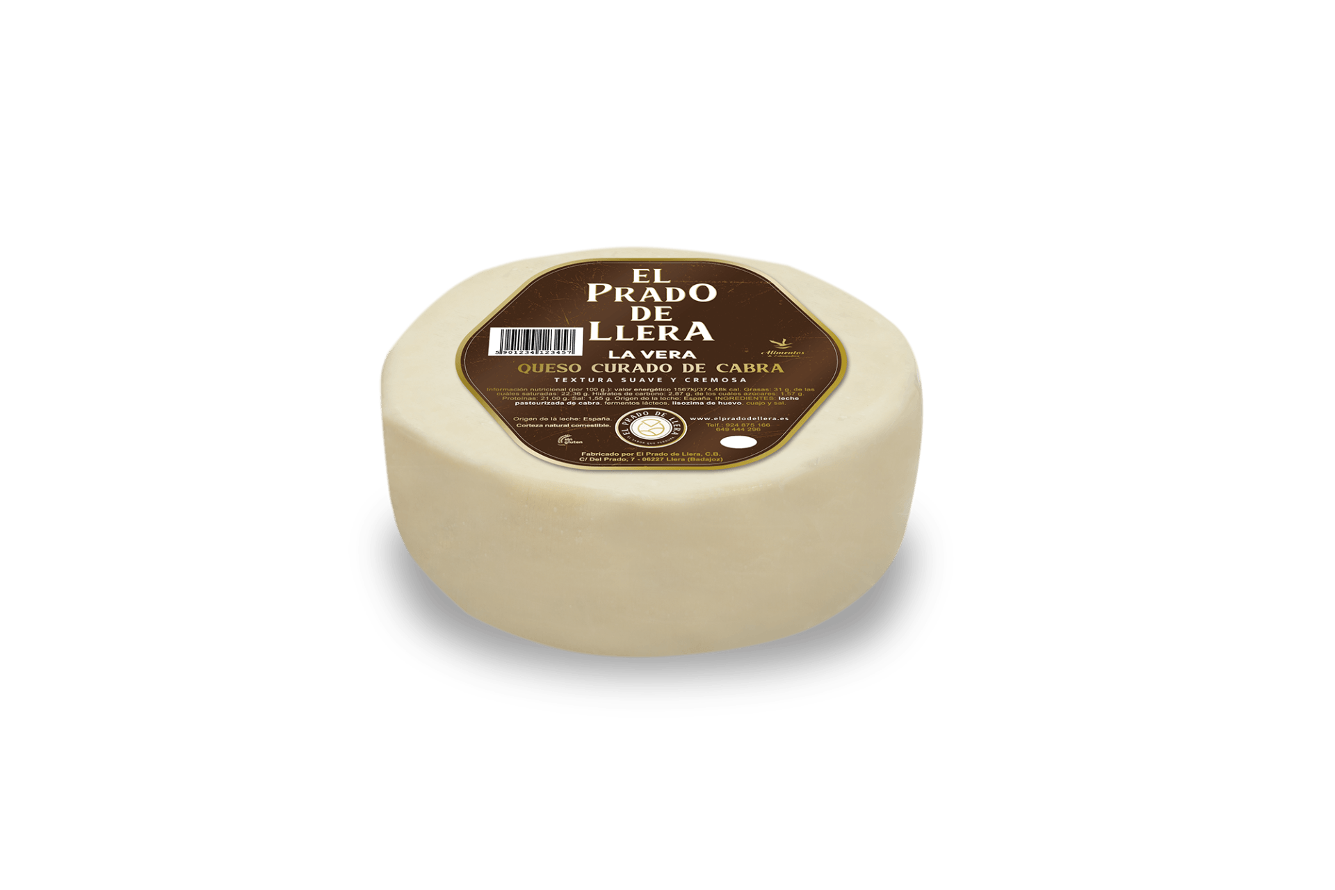 Se muestra el queso de cabra de color blanco con su etiqueta marrón en la parte superior del queso.