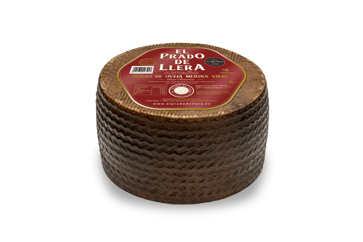 Se muestra el queso viejo gran reserva entero, con su etiqueta en la parte superior del queso. 