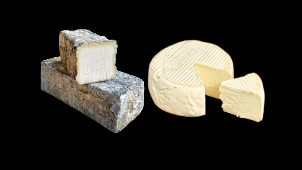 Se muestra el queso Miss Capra y el queso Nevado de Gredos partidos sobre un fondo negro.