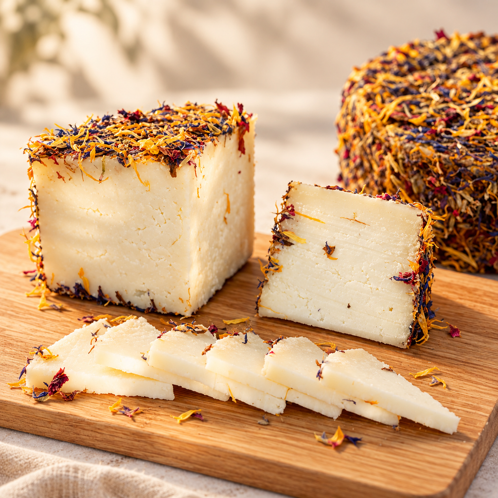Queso curado de cabra con flores de la dehesa