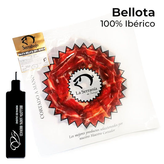 Se muestra un sobre de paleta de bellota ibérica con su etiqueta negra.